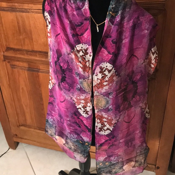 Long 63” rectangular SCARF in purple/orchid colors; watercolors-like pattern. - Picture 3 of 6